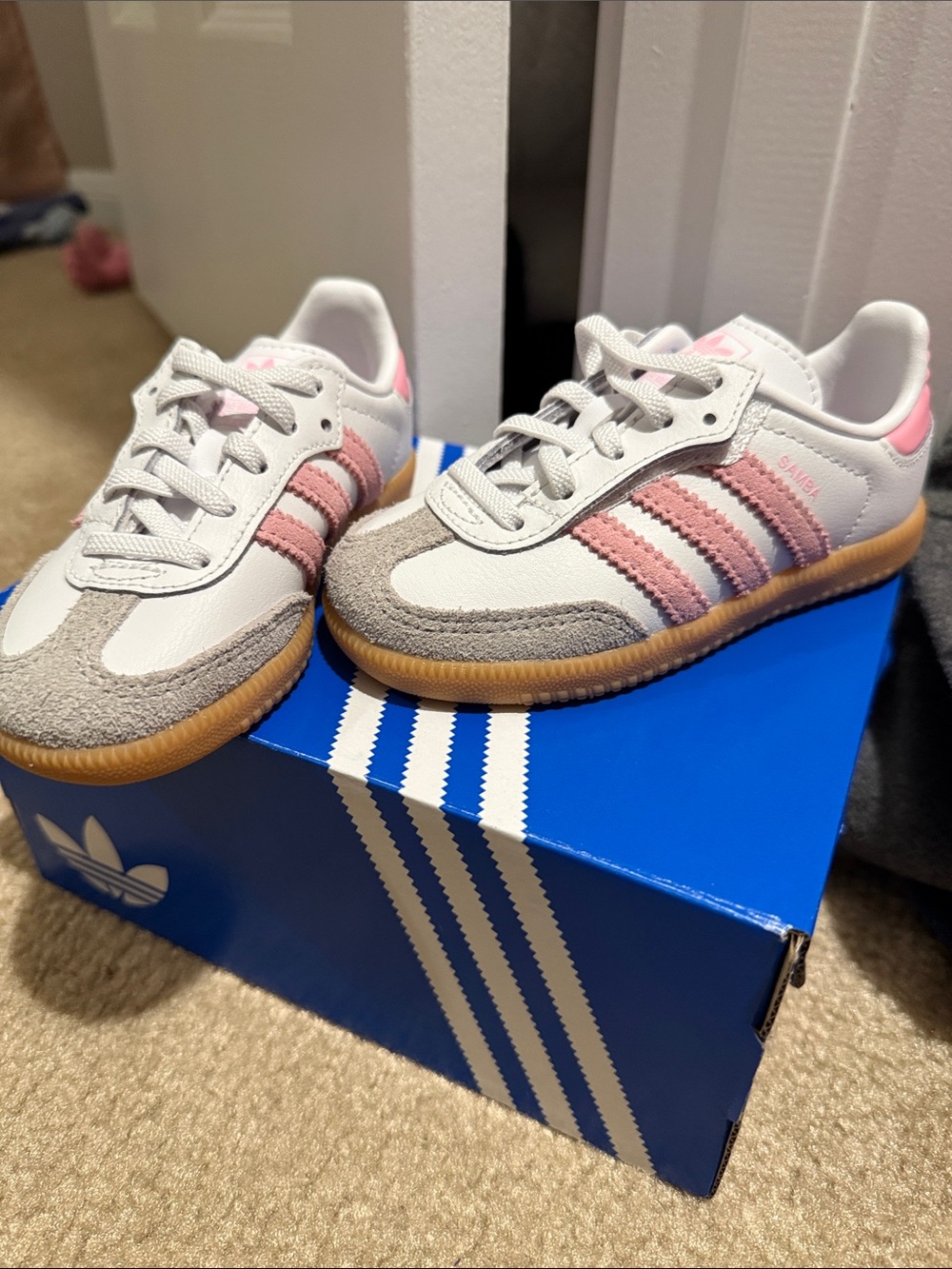 adidas Kids Samba Sneaker in White, Pink & Gray